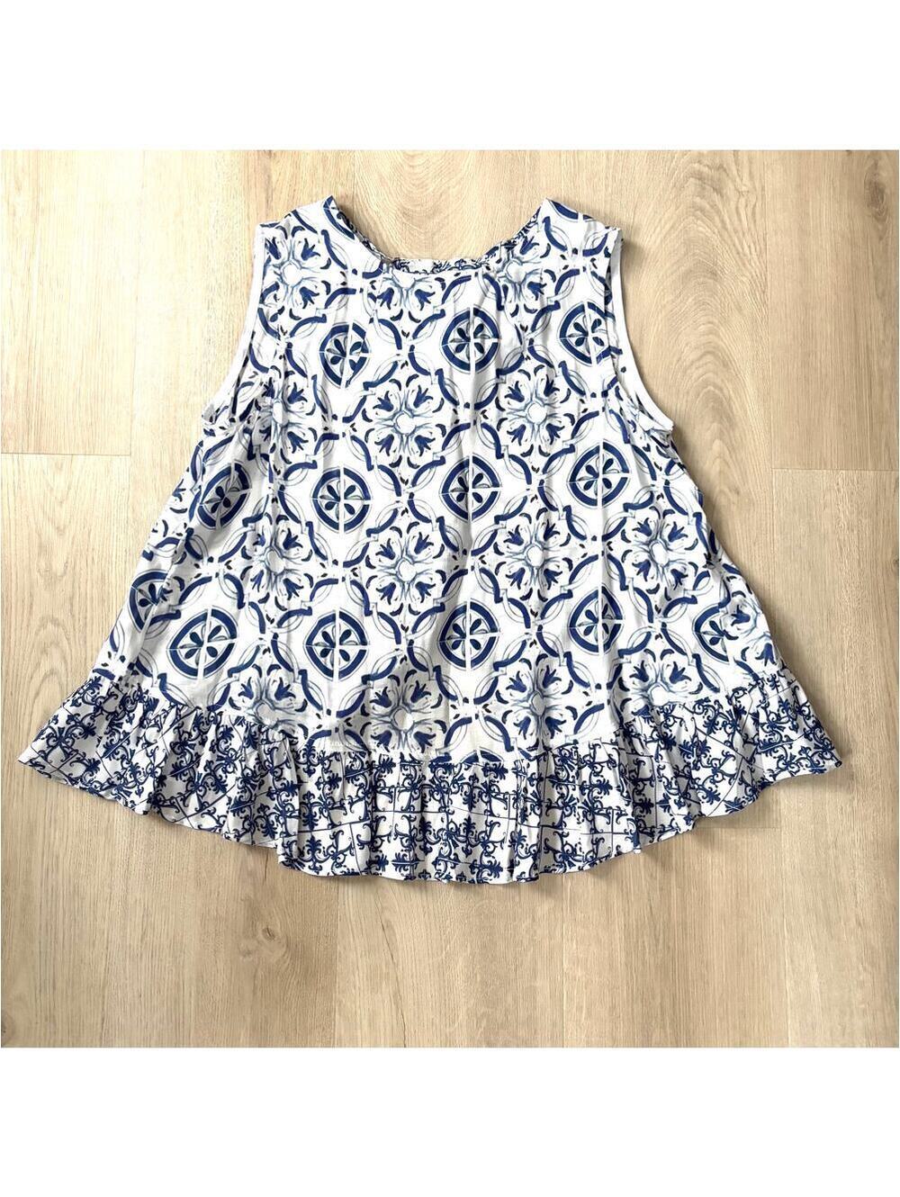 Vineyard Vines EUC Womens Blue White Floral Loose Ruffle Back Sleeveless Tank XS
